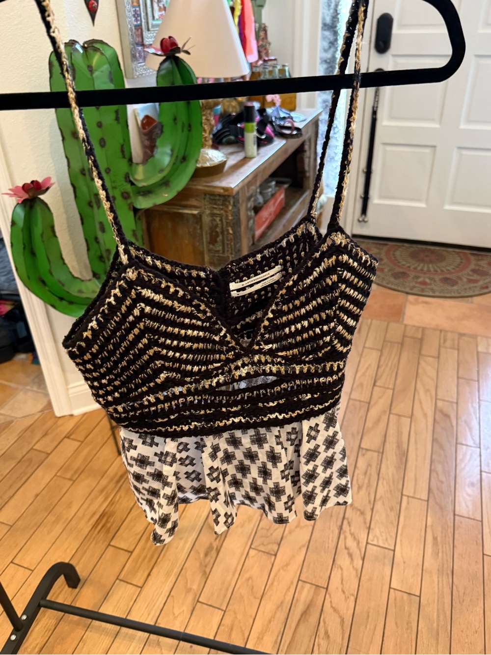 Anthro Black and Cream Crochet-Detail Spaghetti Strap Top - Women